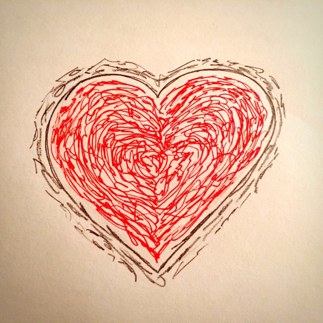 heart drawn with red ink and gray pencil